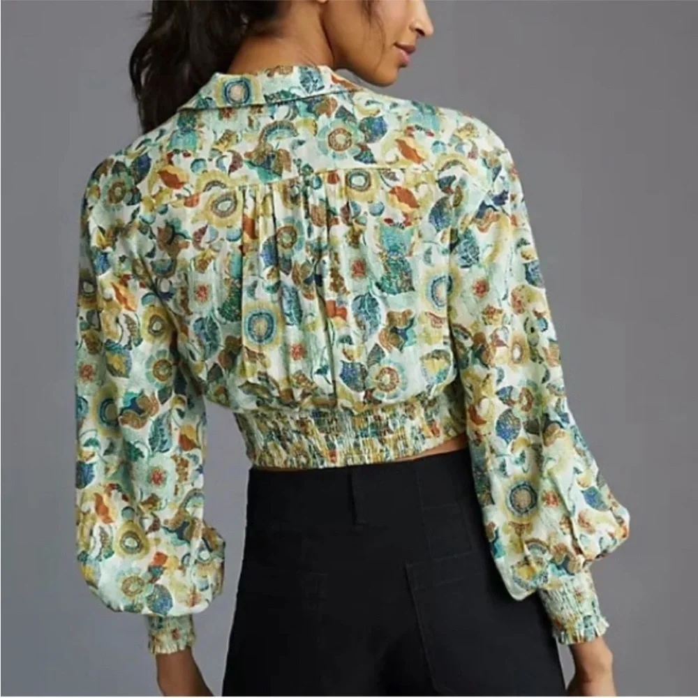 Anthropologie Twist Crop Top Smocked
Floral Printed Wrap Blouse 2pc cotton - Picture 2 of 7